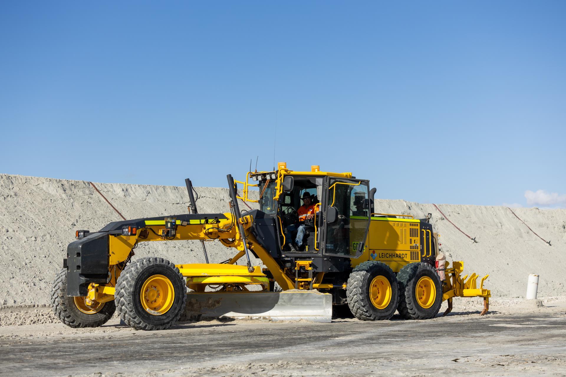 Leichhardt-branded motor grader operating on site at Lake Macleod, Carnarvon
