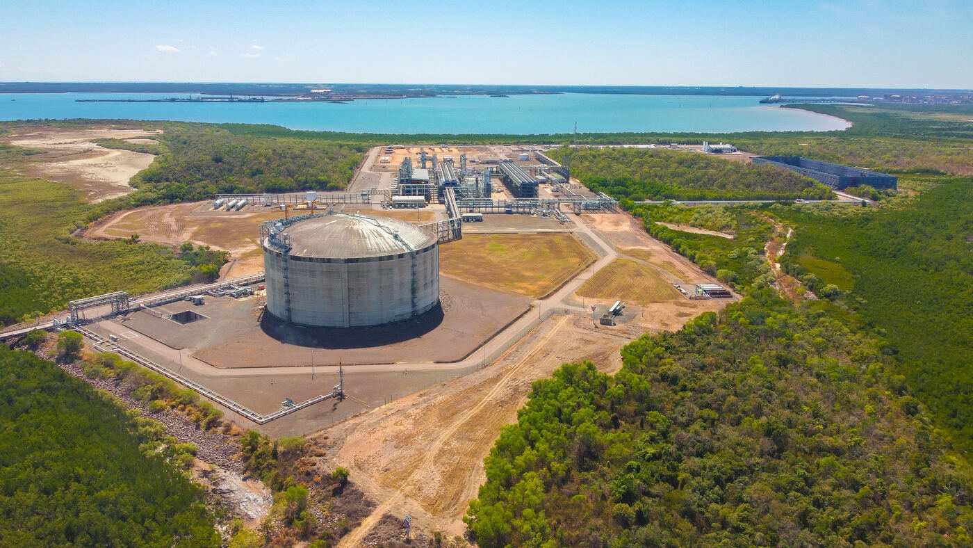 Aerial view of the Darwin LNG onshore facility on Darwin Harbour